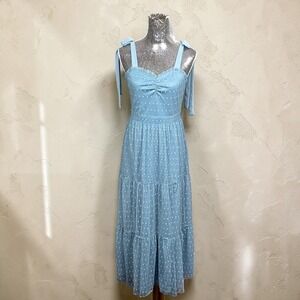 Lulus Blue Swiss Dot Tiered Maxi Dress Tie Strap Sweetheart Medium Party Summer
